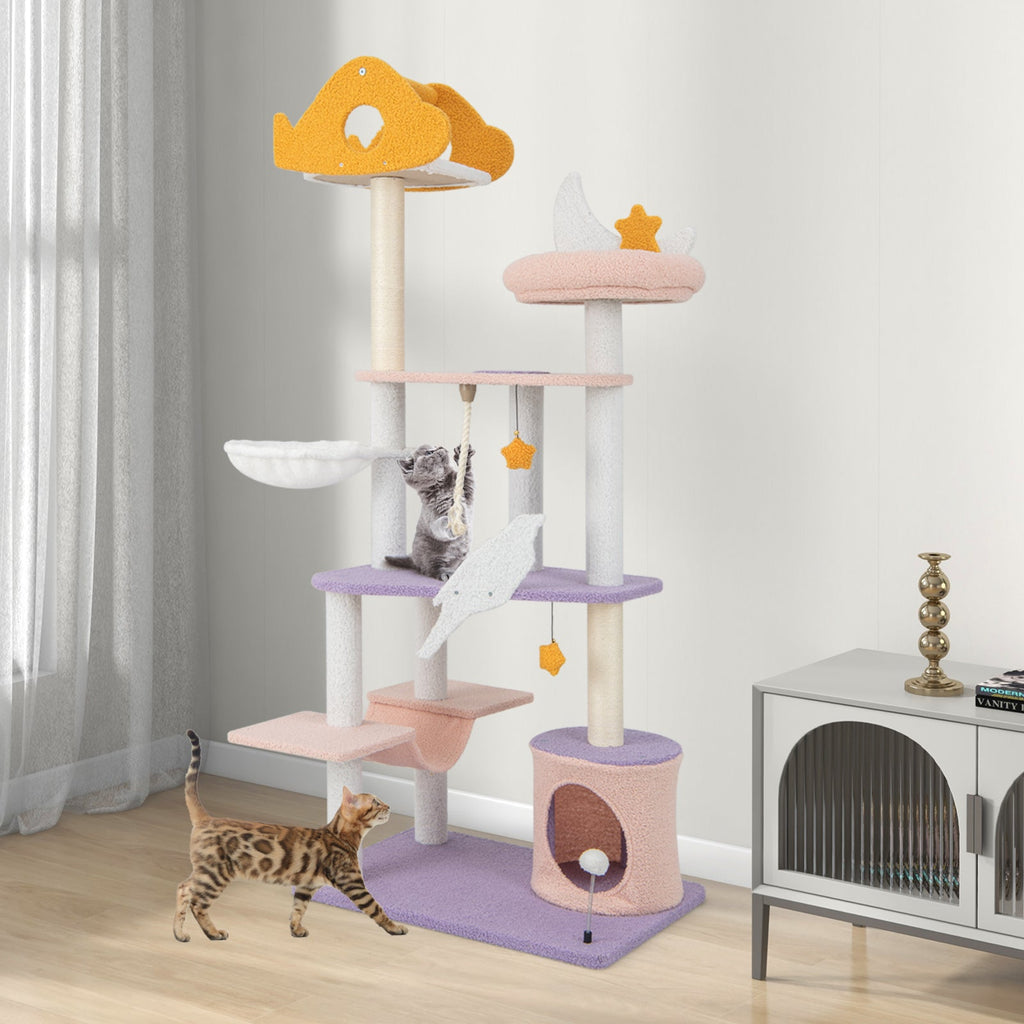 66 Inch Cute Cat Tree Cats Multi-level Tall Cat Tower with Sisal Covered Scratching Posts