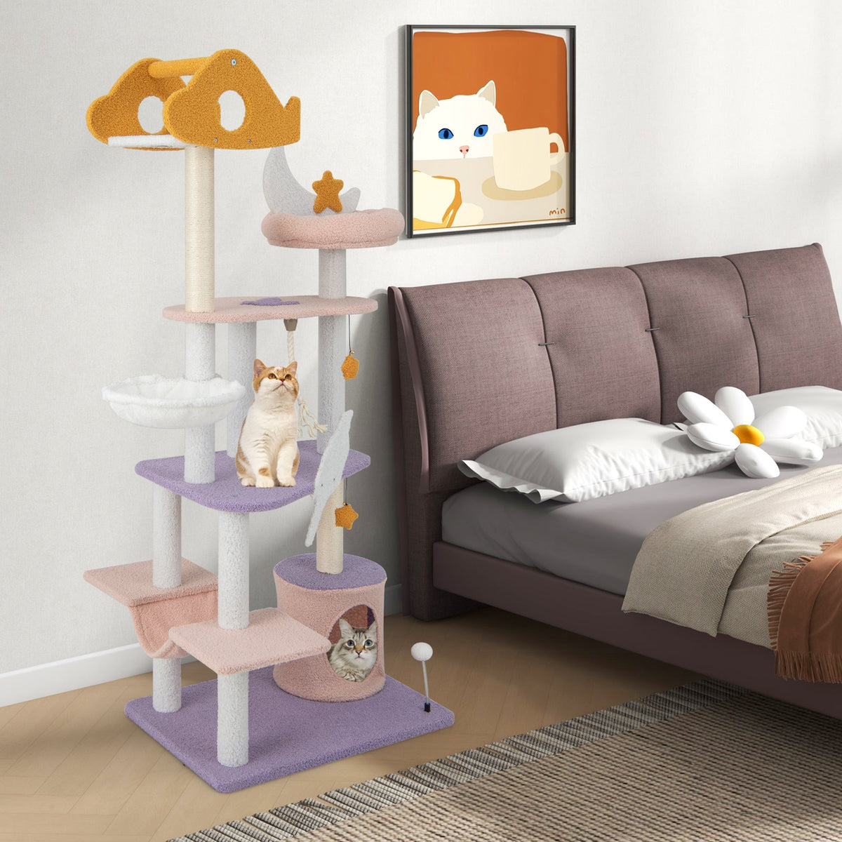 66 Inch Cute Cat Tree Cats Multi-level Tall Cat Tower with Sisal Covered Scratching Posts