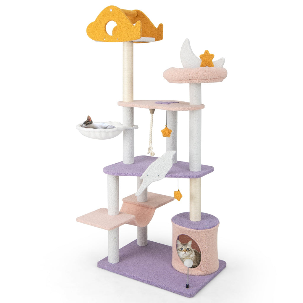 66 Inch Cute Cat Tree Cats Multi-level Tall Cat Tower with Sisal Covered Scratching Posts