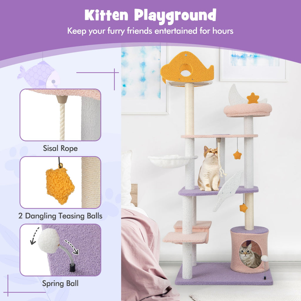 66 Inch Cute Cat Tree Cats Multi-level Tall Cat Tower with Sisal Covered Scratching Posts