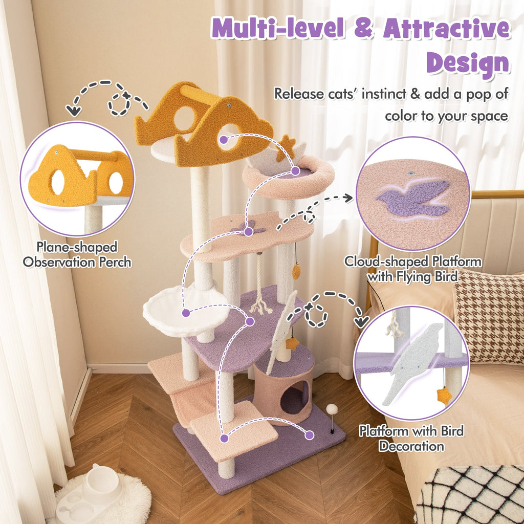 66 Inch Cute Cat Tree Cats Multi-level Tall Cat Tower with Sisal Covered Scratching Posts