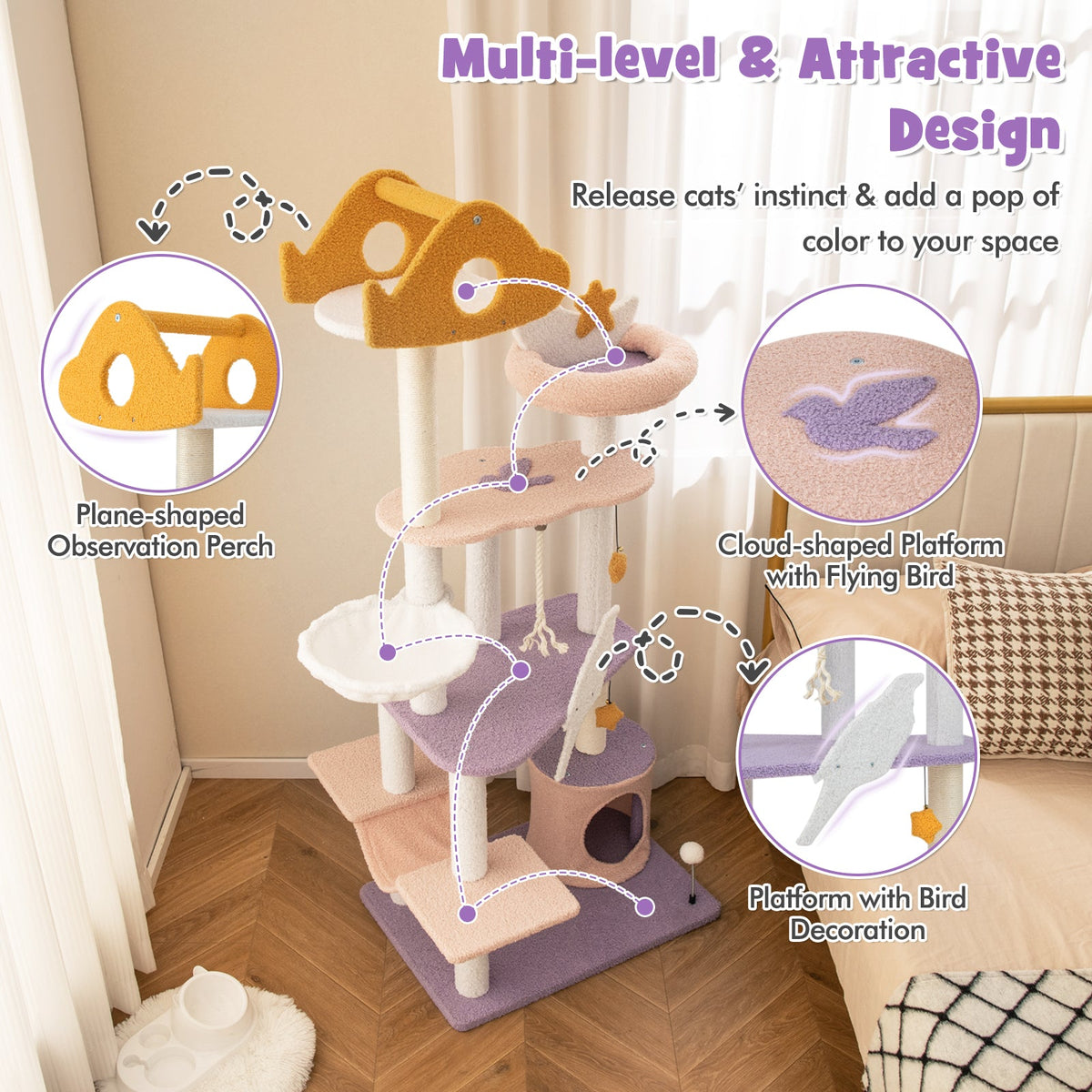 66 Inch Cute Cat Tree Cats Multi-level Tall Cat Tower with Sisal Covered Scratching Posts