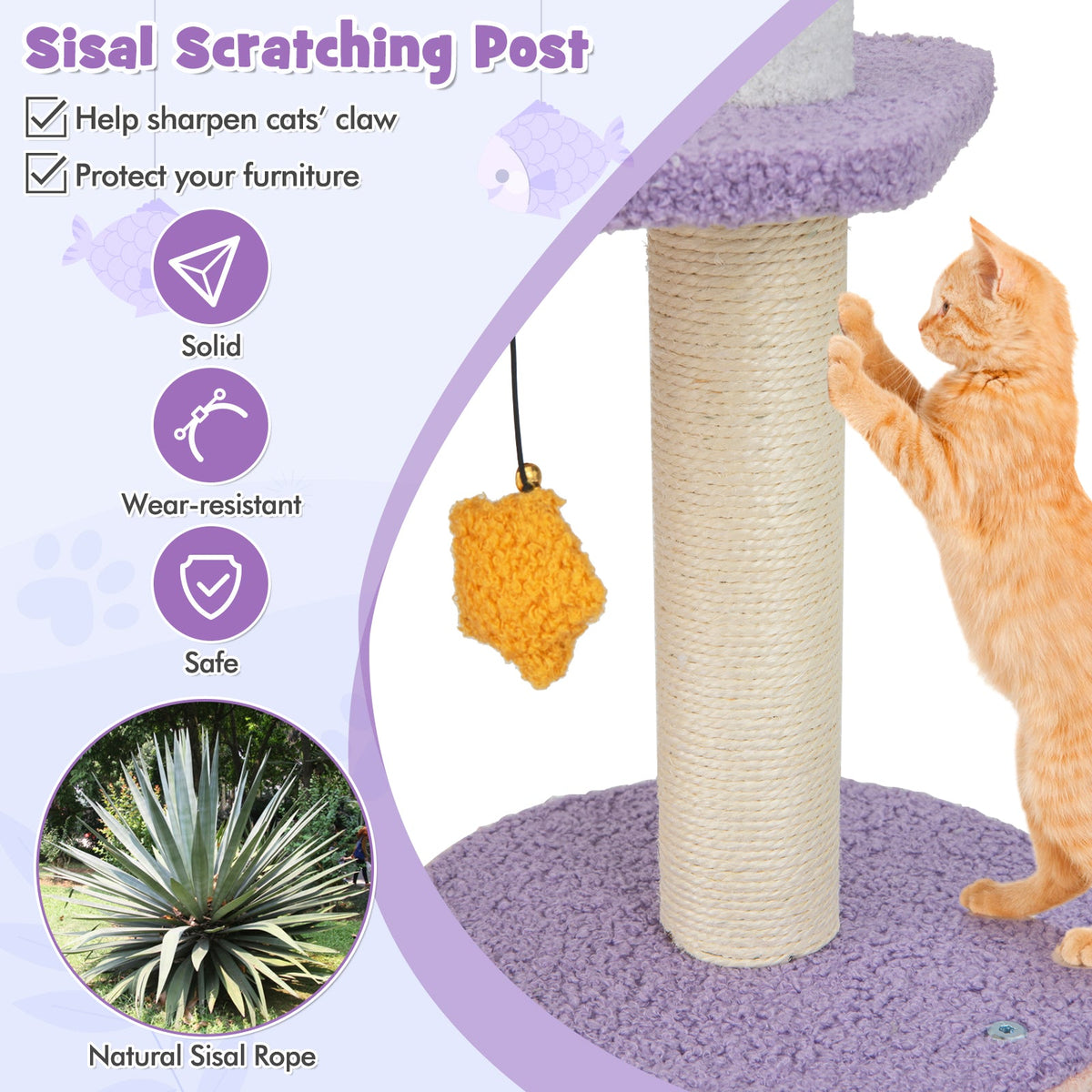 66 Inch Cute Cat Tree Cats Multi-level Tall Cat Tower with Sisal Covered Scratching Posts