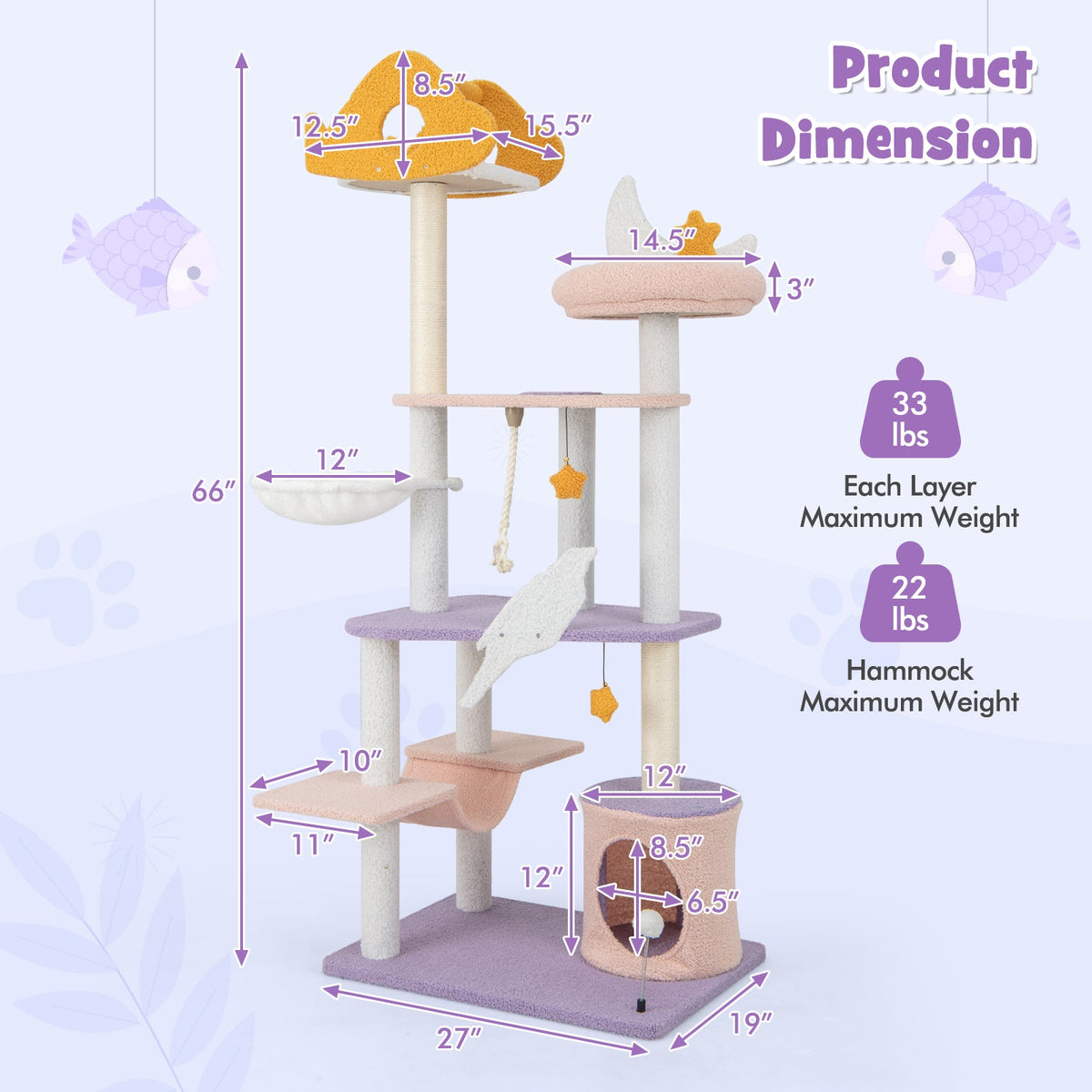 66 Inch Cute Cat Tree Cats Multi-level Tall Cat Tower with Sisal Covered Scratching Posts